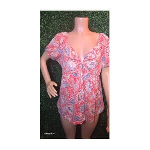 Boho Chic Summer BabyDoll Top w/Puff Sleeves & Deep V-Neck, Sz Large